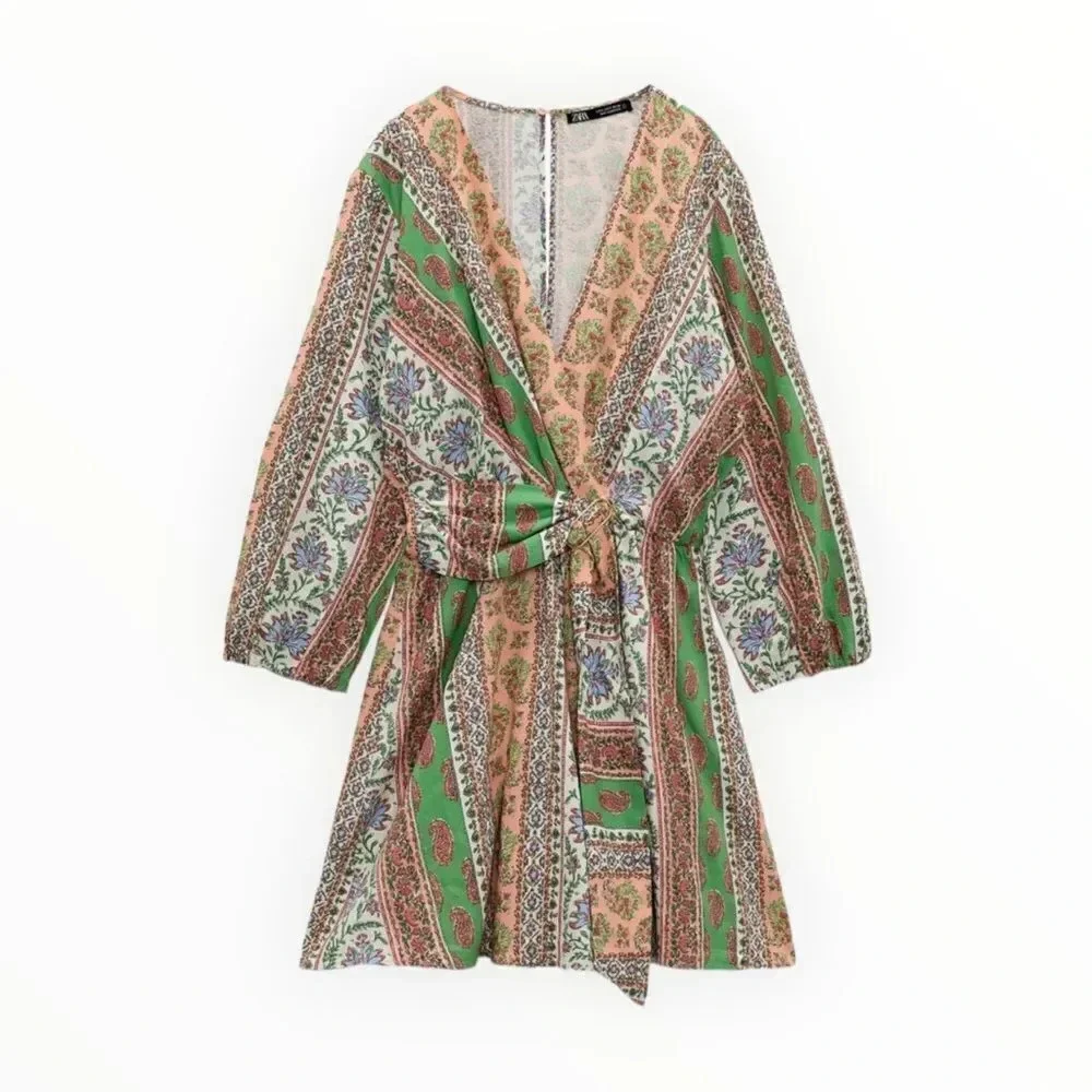 Zara Multicolor Printed Linen Blend Romper Size L Boho V-Neck Tie Front NWT